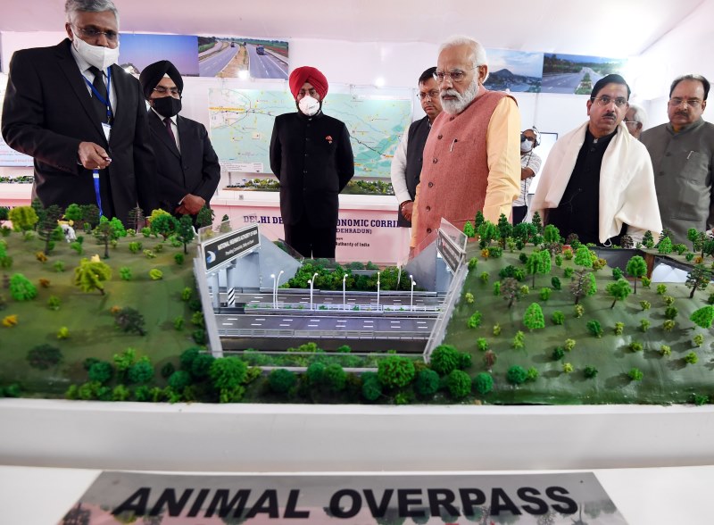 Narendra Modi overlooks the model of animal overpass in road construction