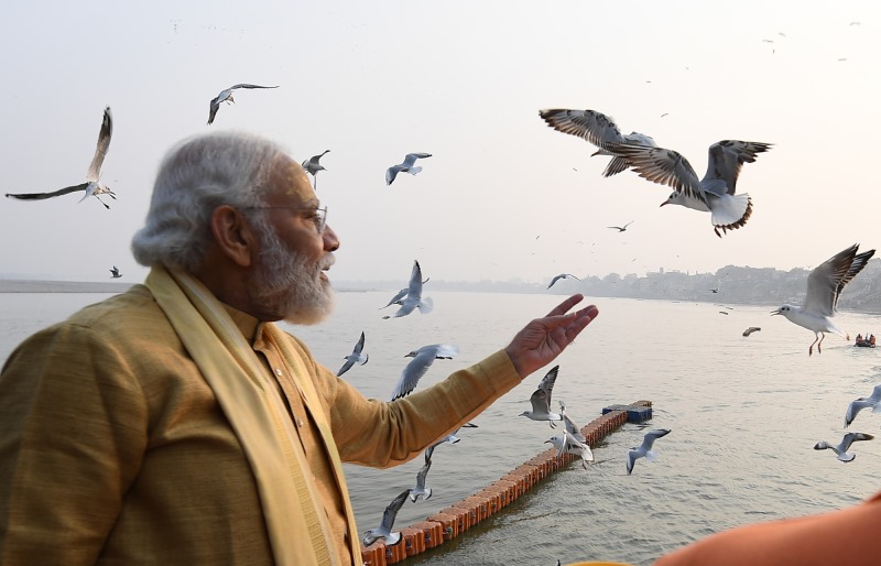 Prime Minister Narendra Modi birdwatching at Ganga